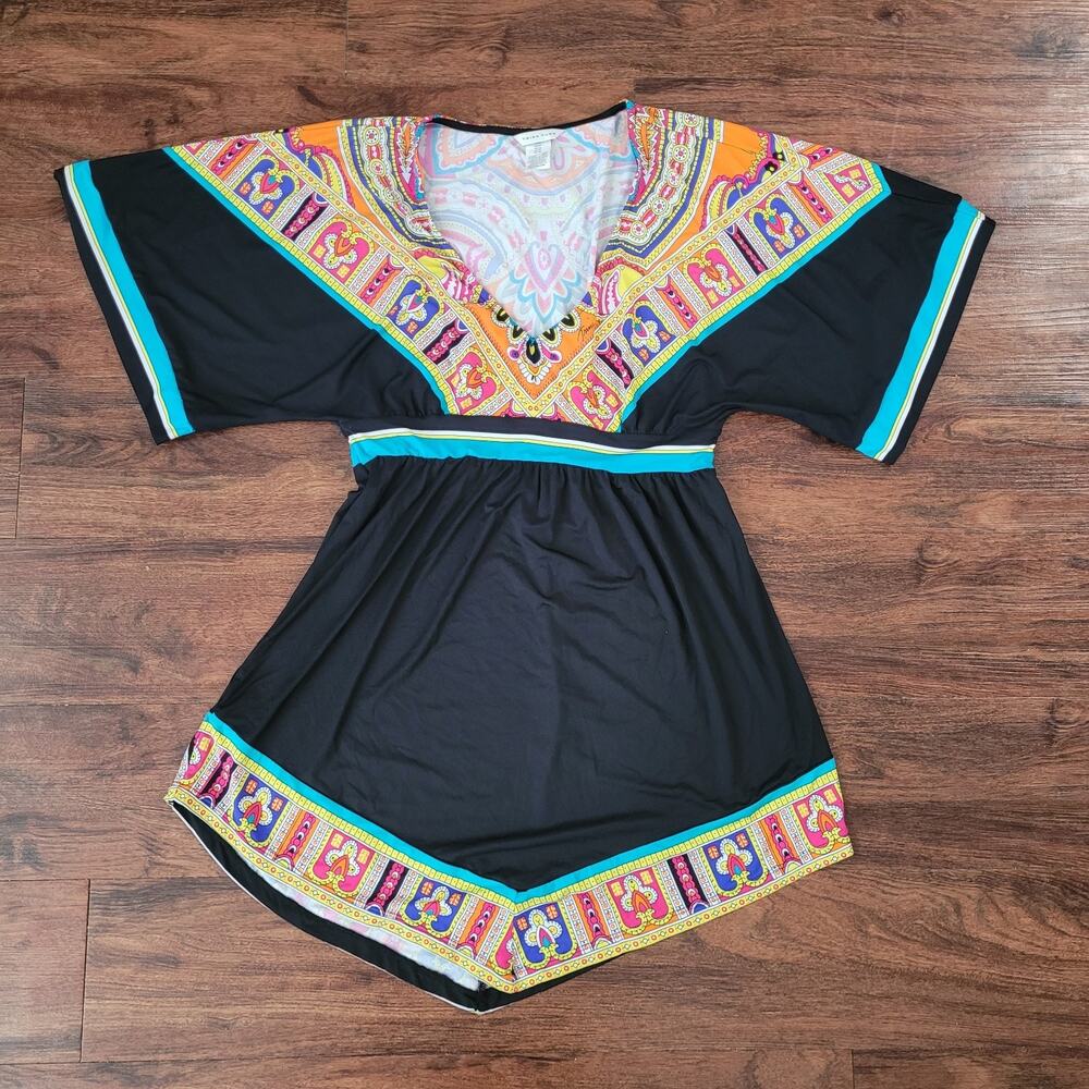Trina Turk Size M Nepal Black Paisley Tunic Swim Cover up Mini Dress Luxury Pool - Picture 3 of 9